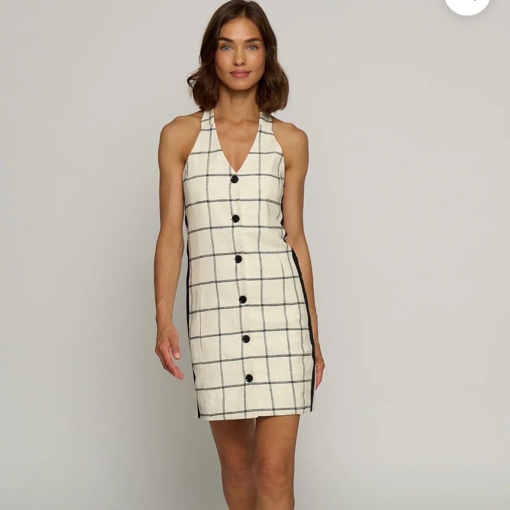 Central Park West Black and White Checkered Halter Mini Dress